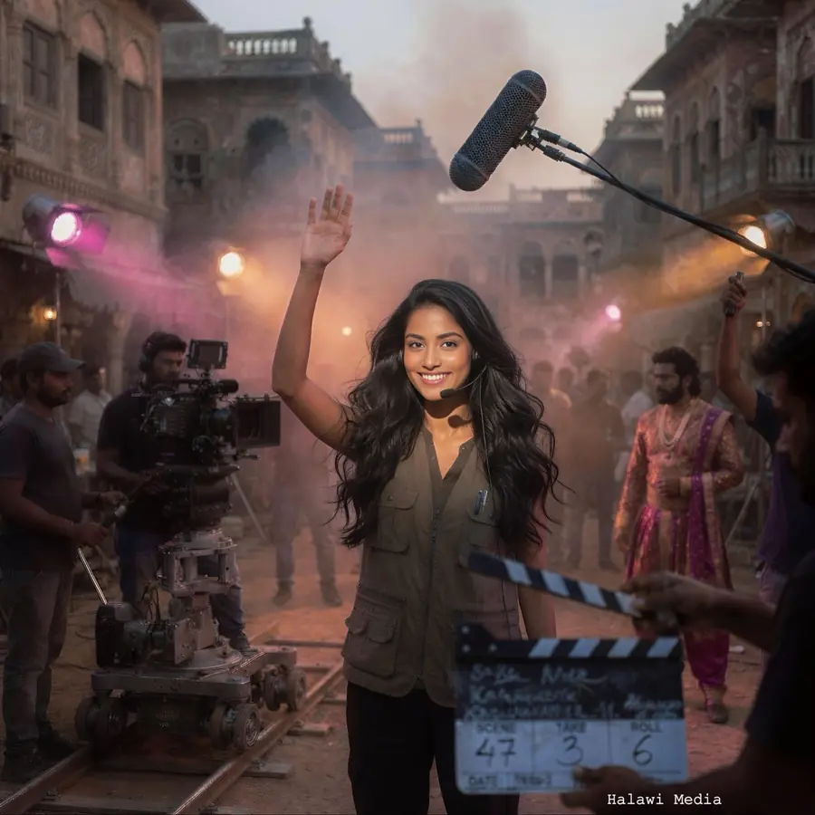 Halawi Media film crew at work on set, with an actress holding a clapperboard
